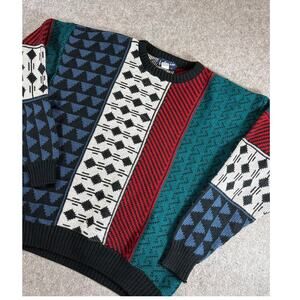 VINTAGE 90s Interim Sweater Mens Geometric Abstract Pullover Knit USA Large